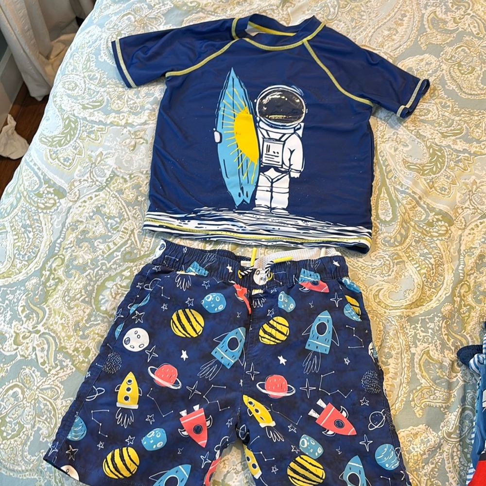 Andy and Evan swim trunks and rash guard